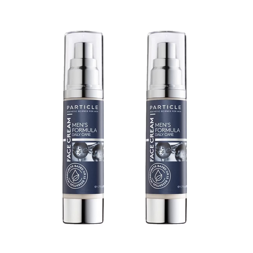 Two bottles of Particle Men's Formula Face Cream on a white background