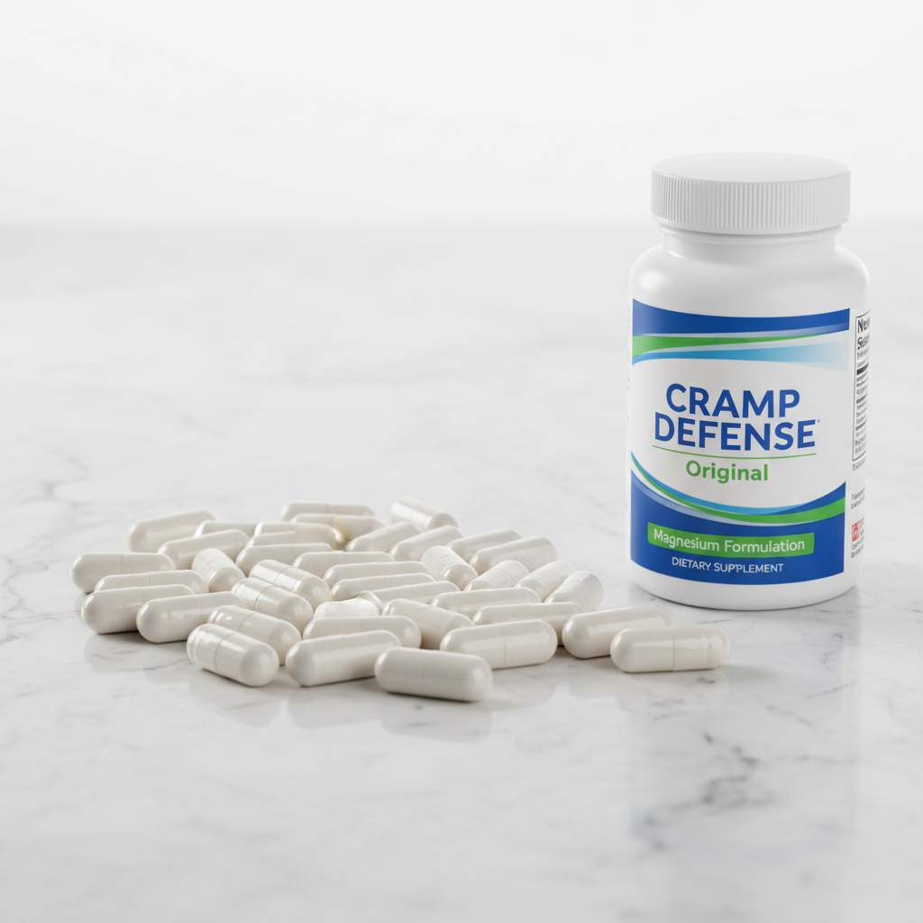 Cramp Defense Original white capsules close-up on marble surface