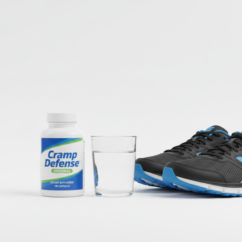 Cramp Defense Original bottle lifestyle shot with water glass and athletic shoes